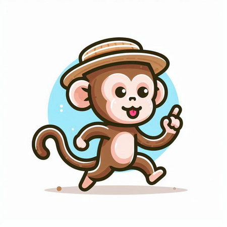 Cute cartoon monkey in hat running. Vector illustration on white background.のイラスト素材