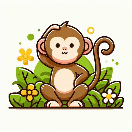 Cute monkey sitting on the grass with flowers. Vector illustration.のイラスト素材