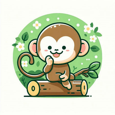 Cute cartoon monkey sitting on a log and smiling, vector illustrationのイラスト素材