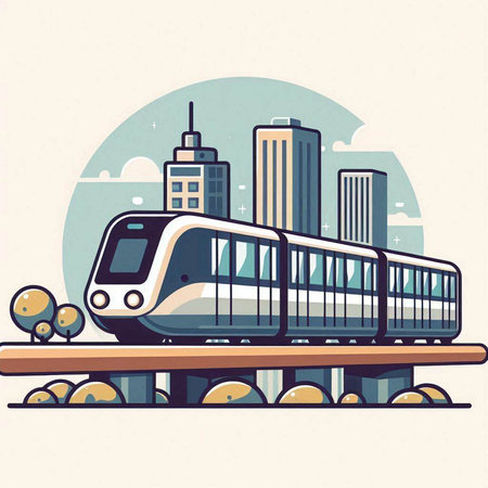 Train on the city street. Vector illustration in flat design style.のイラスト素材