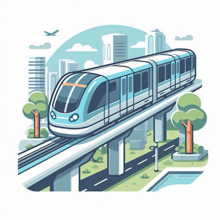 Modern high-speed train on the background of the city. Vector illustrationのイラスト素材