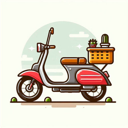 Retro scooter with basket of cactus. Vector illustration.のイラスト素材