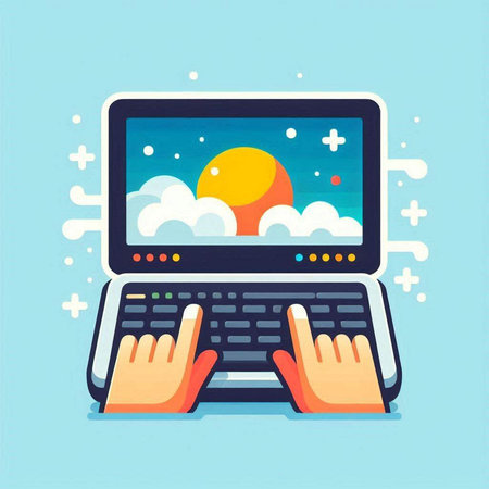 Illustration of Laptop with Sun and Cloud on Screen. Vector Illustrationのイラスト素材
