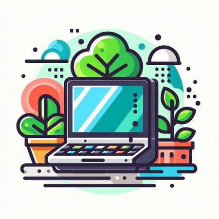 Laptop with green leaves. Modern flat line design vector illustration.のイラスト素材