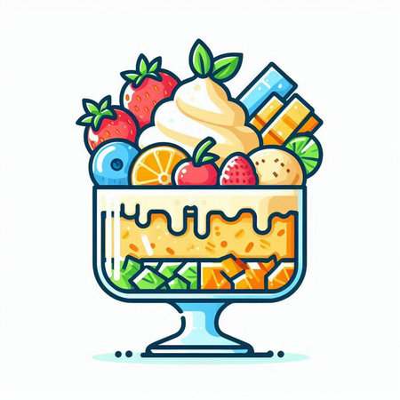 Dessert in a glass cup with ice cream and fruits. Vector illustration.のイラスト素材