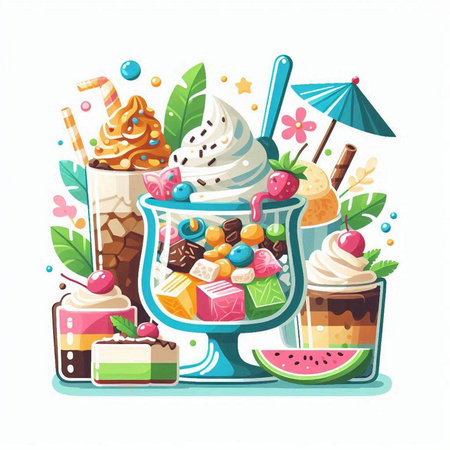 Ice cream and desserts in glasses. Vector illustration in cartoon style.のイラスト素材
