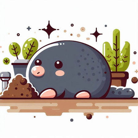 Cute cartoon mole on the ground with plants. Vector illustration.のイラスト素材