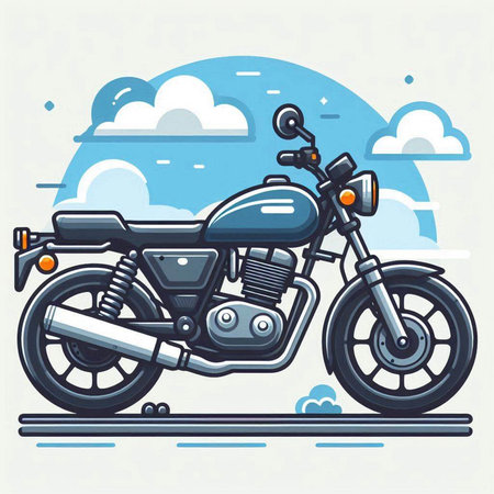 Vector illustration of a classic custom motorcycle in flat style with clouds.のイラスト素材