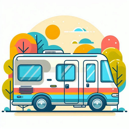 Vector illustration of a camper in a flat style on a background of nature.のイラスト素材