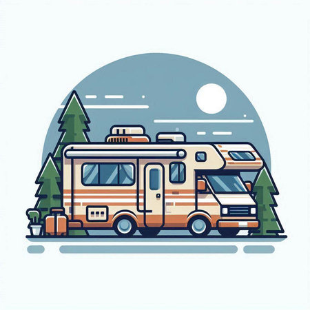 Camping trailer in the forest. Vector illustration. Linear style.のイラスト素材