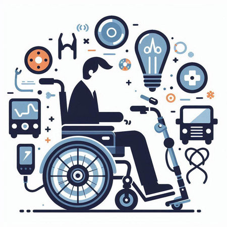 Disabled man in wheelchair with medical icons around. Vector illustration.のイラスト素材