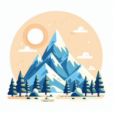 Mountain landscape with fir trees and sun. Vector illustration in flat styleのイラスト素材