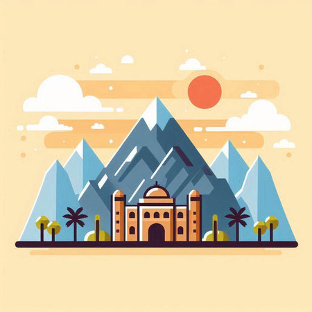 Vector illustration of mosque on the background of mountains. Flat design.のイラスト素材