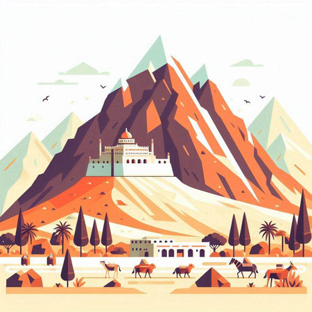 Egyptian Landscape. Vector illustration in flat style with mountains, palms and camel.のイラスト素材