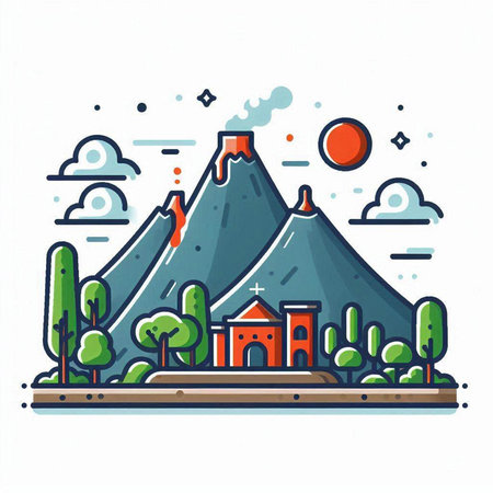 Mountain landscape with a church and a house. Vector illustration.のイラスト素材
