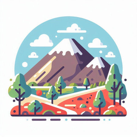 Mountain landscape. Vector illustration in flat style. Landscape with mountains and trees.のイラスト素材