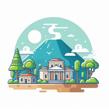 Landscape with volcano, trees, houses and mountains. Vector illustration.のイラスト素材