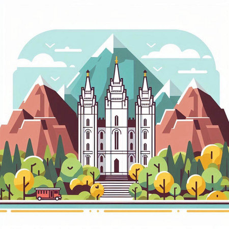 Landscape with church in the mountains. Vector illustration. Flat styleのイラスト素材