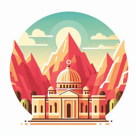 Mountain landscape with temples and domes. Vector illustration in flat styleのイラスト素材