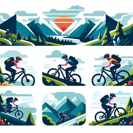 Mountain bikers in the mountains. Vector illustration in flat styleのイラスト素材