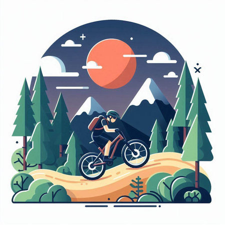 Mountain biker in the forest. Flat design vector illustration.のイラスト素材