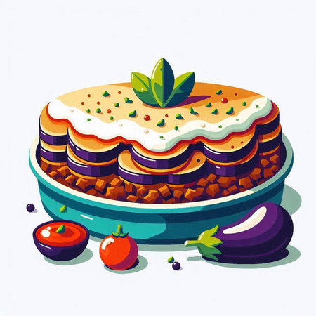 Illustration of lasagna with tomato and eggplant on white backgroundのイラスト素材