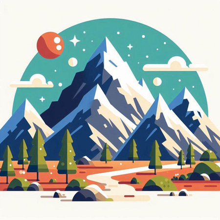 Mountain landscape. Vector illustration in flat style with mountains, trees and sun.のイラスト素材