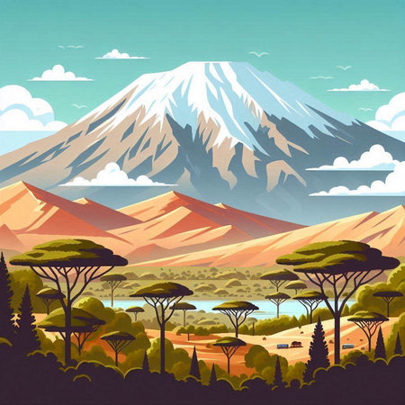 Illustration of Mt. Fuji in the background of the savannahのイラスト素材