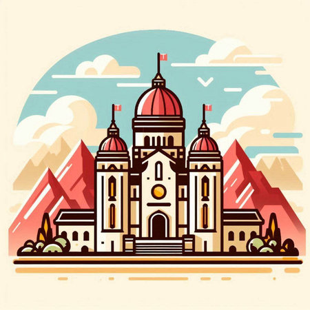 Church of the Sacred Heart of Jesus in the mountains. Vector illustrationのイラスト素材