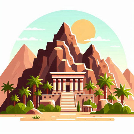 Ancient egyptian temple with palm trees. Vector illustration in flat styleのイラスト素材