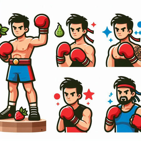 Cartoon boxer character with different poses and actions. Vector illustration.のイラスト素材