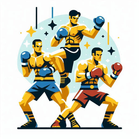 Boxing competition. Boxers in action. Vector illustration in flat styleのイラスト素材
