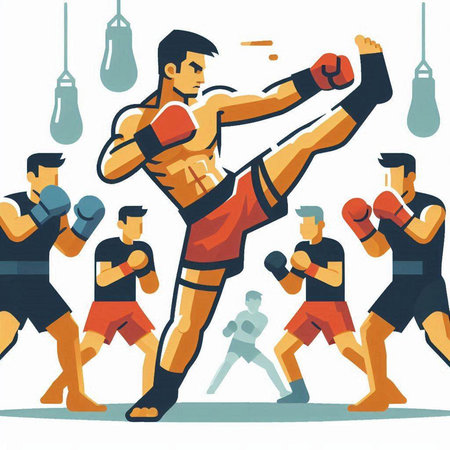 Vector illustration of boxer training with punching bag in boxing ring. Sport background.のイラスト素材