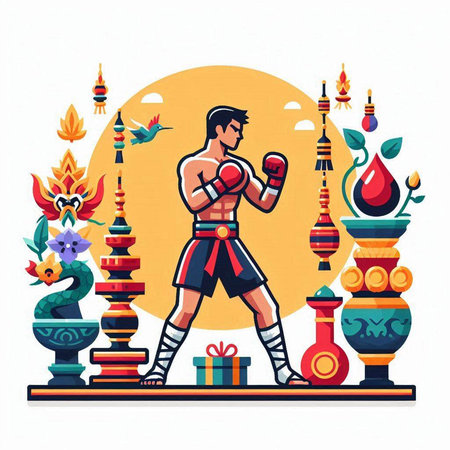 Vector illustration of a man with boxing gloves and a lotus flower.のイラスト素材