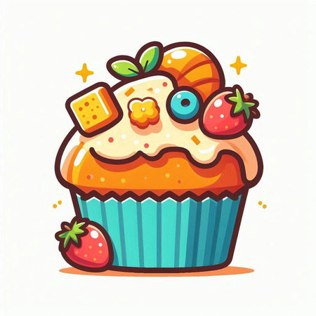 Cute cupcake with strawberry. Vector illustration in cartoon style.のイラスト素材