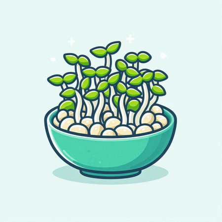 Mushroom sprouts in a bowl. Vector hand drawn illustration.のイラスト素材