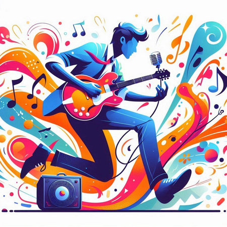Vector illustration of a young man playing guitar on colorful musical background.のイラスト素材