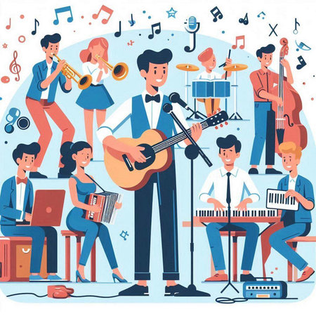 Musical band performing on stage. Man playing guitar, singing, playing trumpet, singing, playing musical instruments. Flat vector illustrationのイラスト素材