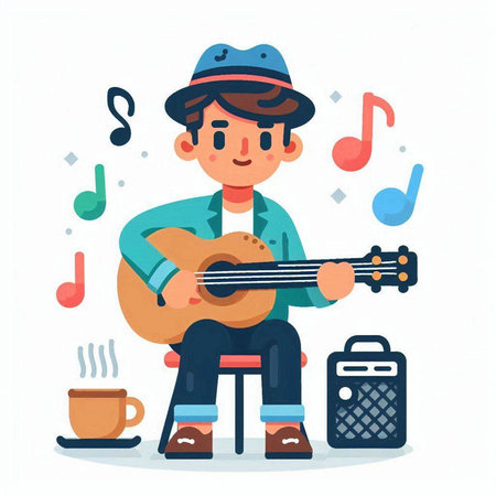 Handsome young man playing guitar and singing. Flat style vector illustration.のイラスト素材