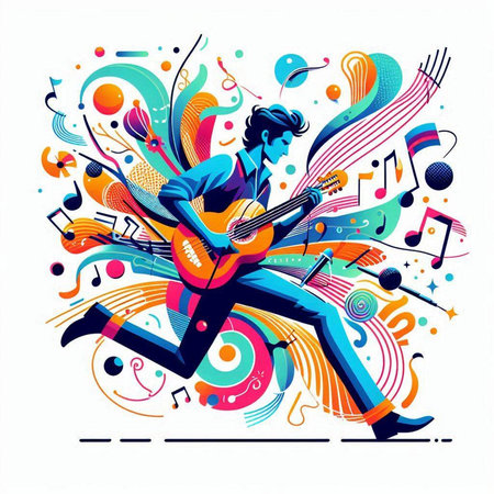 Vector illustration of man playing guitar with musical notes on colorful background.のイラスト素材