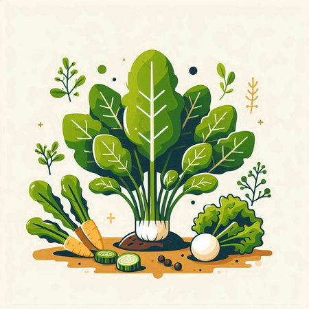 Vegetable garden. Vector illustration in flat style. Vegetarian concept.のイラスト素材