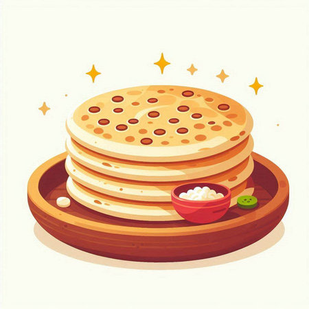 Illustration of a stack of pancakes on a wooden plate with sauce.のイラスト素材
