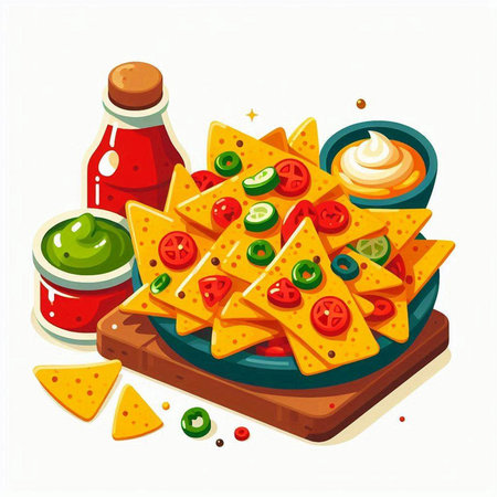 Nachos with salsa, guacamole, cheese, pepper and tomato sauce.のイラスト素材