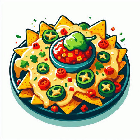 Mexican nachos with guacamole and salsa. Vector illustrationのイラスト素材