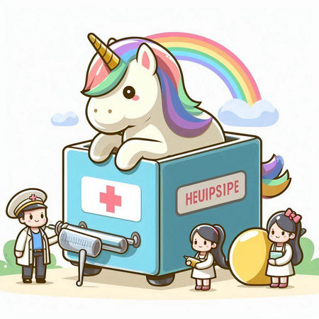 Illustration of a Kid Playing with a Unicorn Inside a Bookcaseのイラスト素材