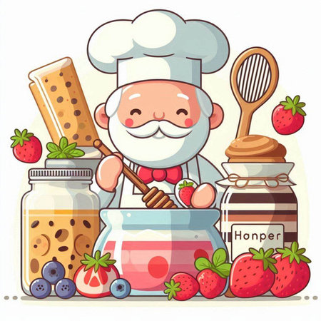 Chef with Strawberry Jam. Vector illustration in flat cartoon style.のイラスト素材