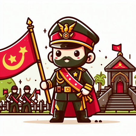 Illustration of a Cute Cartoon Army Soldier with the Flag of the Republic of Mauritaniaのイラスト素材