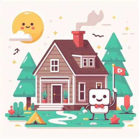 Cute cartoon house. Vector illustration in flat design style. House in the forest.のイラスト素材