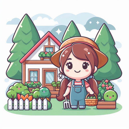 Cute little girl gardener in front of the house. Vector illustration.のイラスト素材
