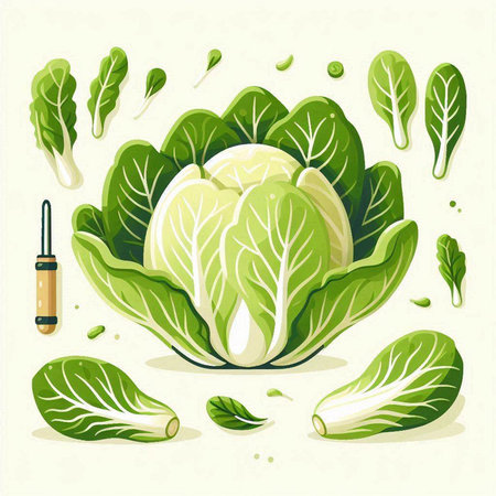 Vector illustration of fresh green chinese cabbage with leaves and dropperのイラスト素材
